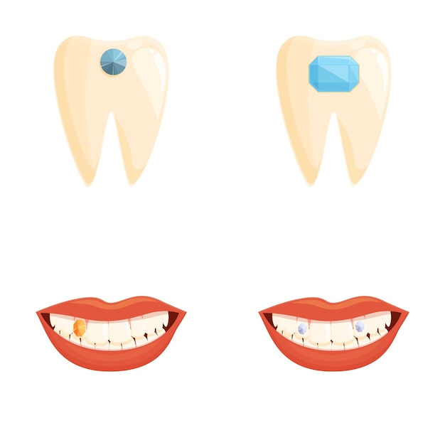 Iconos de joyas dentales conjuntos de vectores de dibujos animados Diente humano decorado con gemas