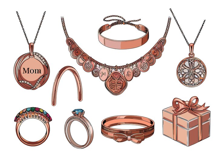 Vector iconos de joyas elegantes con collares de oro rosa, pulseras, anillos y cajas de regalos para mamás o mujeres