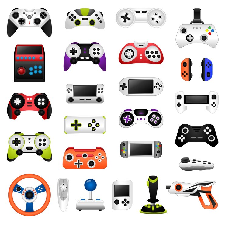Vector iconos de joystick establecer vector de dibujos animados. espacio de trabajo del juego