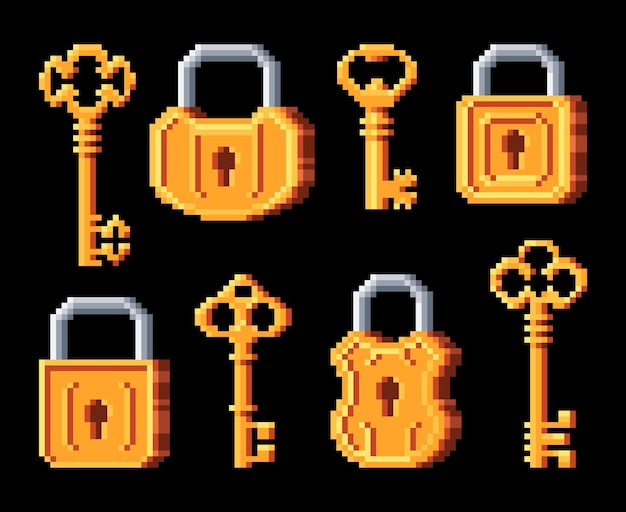 Iconos de juego de 8 bits de llaves y candados dorados antiguos