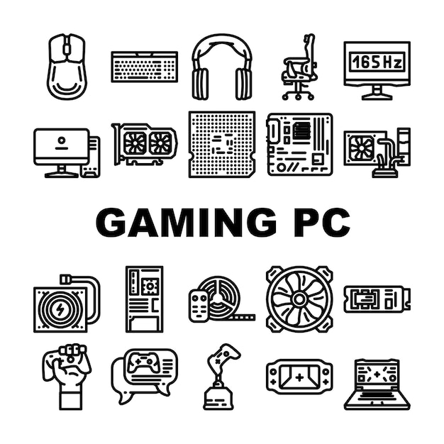Iconos de juego de computadora de juego conjunto de tecnología de juego de vector dispositivo digital de video jugador jugador entretenimiento controlador de joystick juego de computadora juegos de computadora ilustraciones de contorno negro