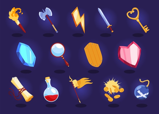 Iconos de juego con corazón relámpago llave copa de oro y estrella vector juego de dibujos animados de símbolos para gui de rpg