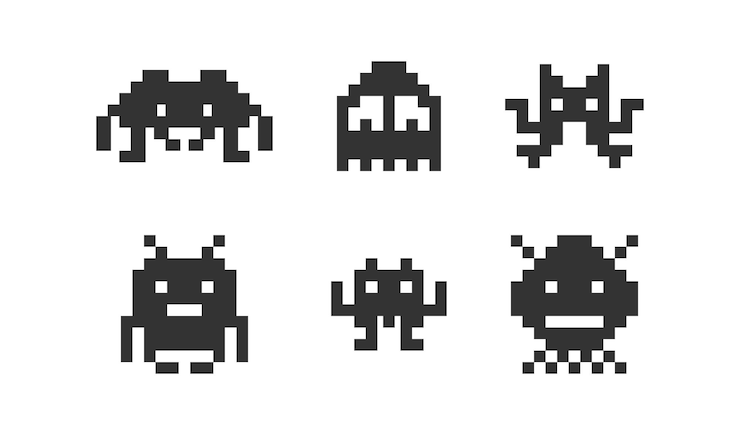 Vector los iconos del juego pixel monsters establecen un símbolo de ilustración alienígena espacial de 8 bits invaders vector signo plano