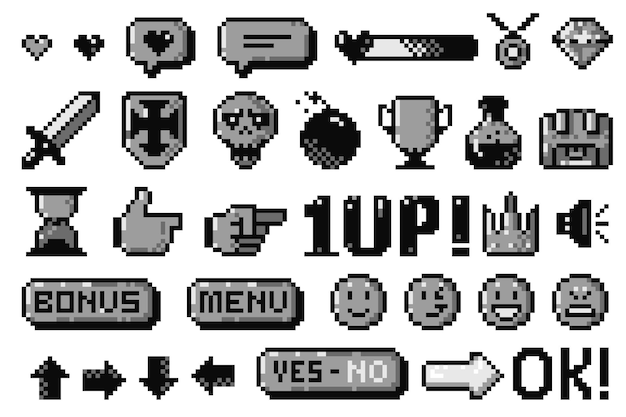 Iconos de juego de píxeles negros activos de juego de arcade de 8 bits iconas de mano de cursor simple barra de salud botones de UI emoticon caras colección aislada vectorial