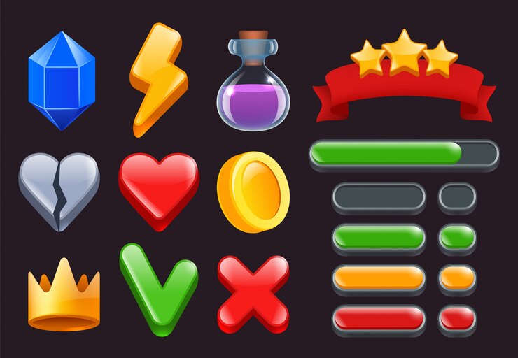 Vector iconos de juego ui kit. menús de cintas de colores y barras de estado para interfaces web de juegos en línea o para teléfonos inteligentes símbolos 2d