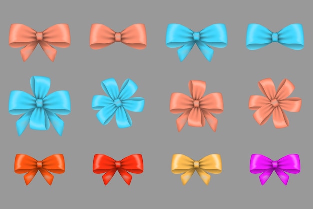 Iconos de juegos de arcos coloridos Varios arcos decorativos en azul, melocotón, rojo, amarillo y púrpura dispuestos en filas ordenadas Ideales para decoraciones de envoltura de regalos o temas de celebración