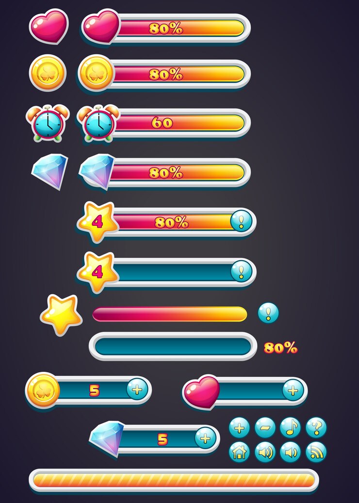 Vector iconos de juegos con barra de progreso, excavación y descarga de barra de progreso para juegos de computadora