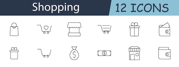 Iconos de juegos de compras Bolsa de compras tienda de regalos billetera de dinero mercado de efectivo Experiencia de compras comercio minorista concepto de bienes de consumo