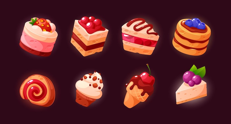 Vector iconos de juegos de cupcakes caprichosos cupcakes juguetones y encantadores adornados con chispas y patrones vibrantes pastelería dulce y panadería ui y elementos de gui activos para jugar a la ilustración de vectores de dibujos animados