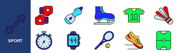 Iconos de juegos deportivos Guantes de boxeo Botella de agua Patinaje sobre hielo Camiseta de transbordador Cronometro reloj inteligente Raqueta de tenis Calzado de correr Equipamiento deportivo de campo de fútbol