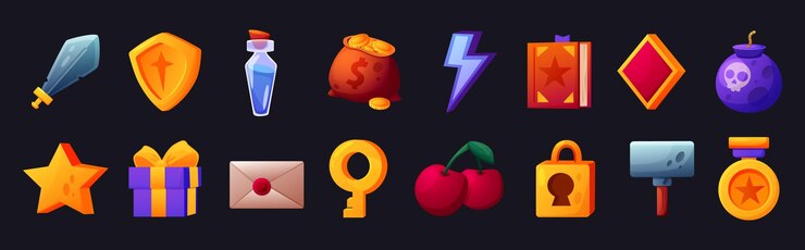 Vector iconos de juegos de dibujos animados símbolos de tragamonedas de casino moneda de oro clave con cerradura reloj de juego y taza bono cereza ruby gemas y arena frutas de la suerte martillo o escudo vector reciente conjunto de elementos del logotipo de la gui