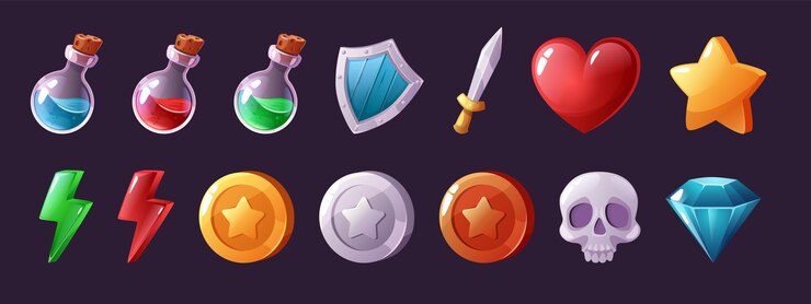 Vector iconos de juegos de dibujos animados viales de pociones y elixires mágicos salud corazón y poder relámpago monedas y diamantes conjunto de ilustraciones vectoriales aisladas