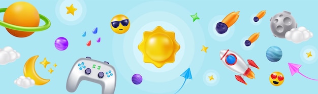 Iconos de juegos espaciales 3D cohetes elementos del Metaverso descubrimiento de naves espaciales joystick de videojuegos planetas y cometas de dibujos animados cielo lindo y realista sol renderización de galaxias forma del cosmos fondo vectorial