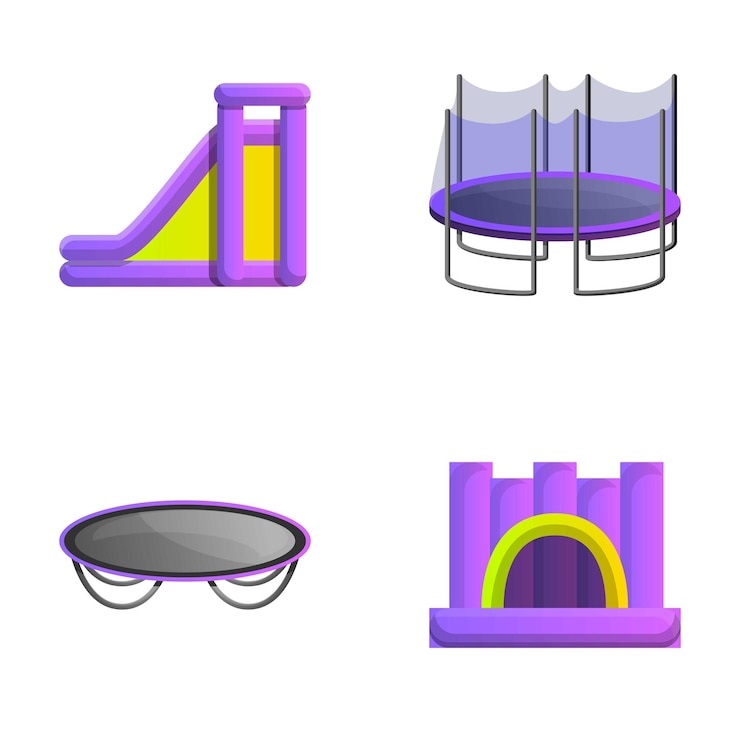 Vector iconos de juegos inflables establecen vector de dibujos animados tobogán inflable y trampolín área de juegos