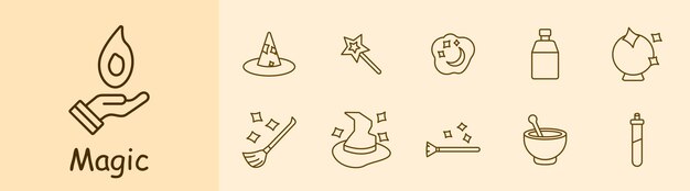 Iconos de juegos mágicos Trucos bola de fuego sombrero del mago varita mágica sueños nube luna y estrellas adivinación bola mágica escoba de bastón volador sombrero cobran vida molinillo de especias enfoque concepto