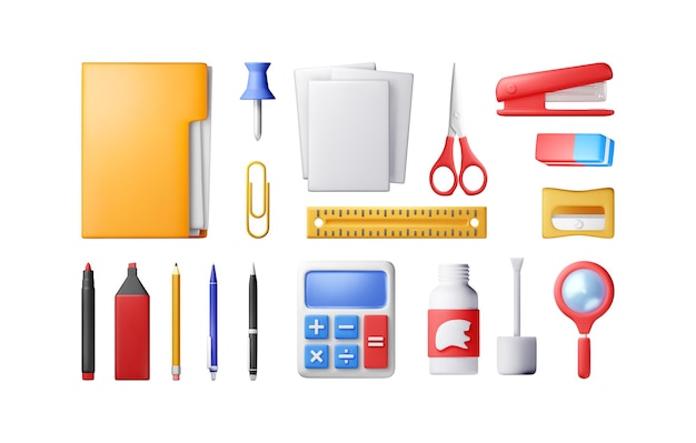 Iconos de juegos de papelería 3D aislados