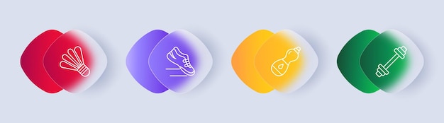 Iconos de juegos de pasatiempos útiles Equipo deportivo Shuttlecock zapatillas de deporte agua corriente mantenimiento de hidratación peso pesado barra gradiente de cuidado de la salud Concepto de estilo de vida saludable Estilo de Glassmorphism