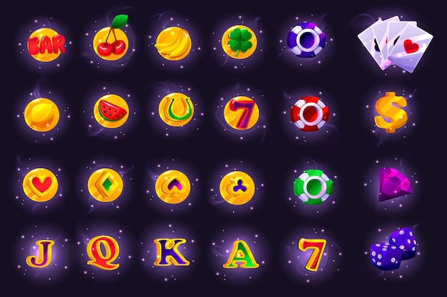 Iconos de juegos de tragamonedas de casino en el fondo rpg ui kit de insignia de ganador objetos de máquina de juego de tragamonedas de casino