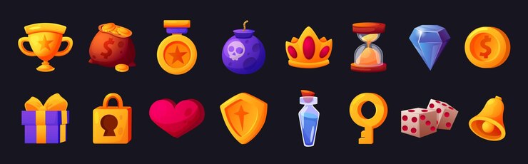 Vector iconos de juegos ui elementos de casino diseño móvil o escudo campana y copa de regalo dinero de oro llave de piedra para cerradura dados de juego corazón aislado y bomba vector pictogramas de dibujos animados recientes