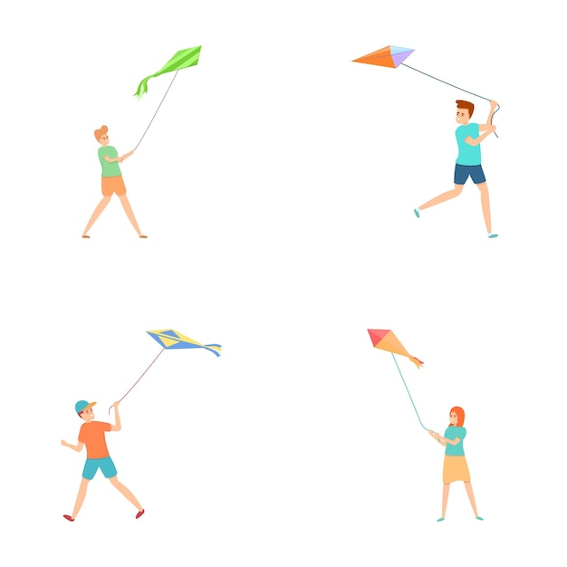 Iconos de juegos de verano set vector de dibujos animados Gente con cometa volando en el cielo