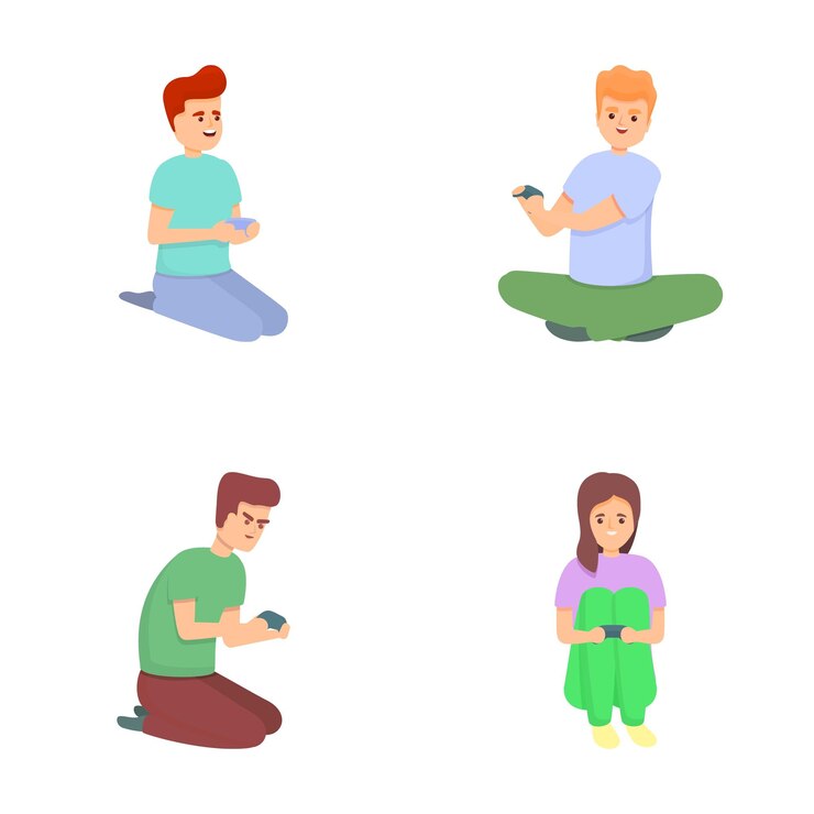 Vector los iconos de los jugadores establecen el vector de dibujos animados la gente con el joystick y juega videojuegos