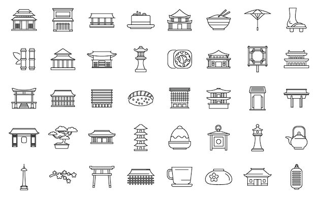 Los iconos de Kioto establecen el vector de contorno Cultura japonesa de bienes raíces