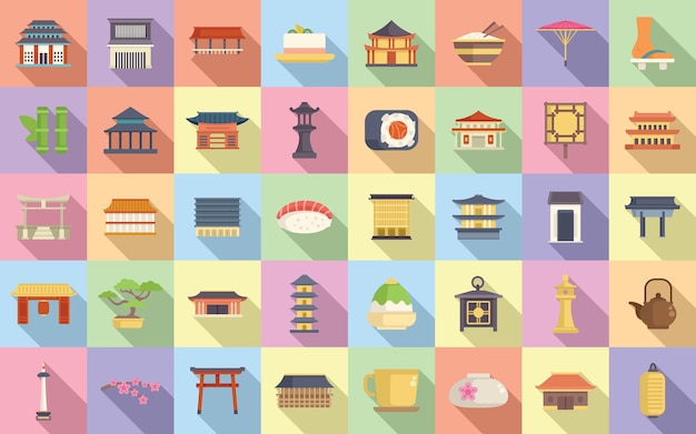 Los iconos de Kioto establecen vector plano Inmobiliaria cultura japonesa