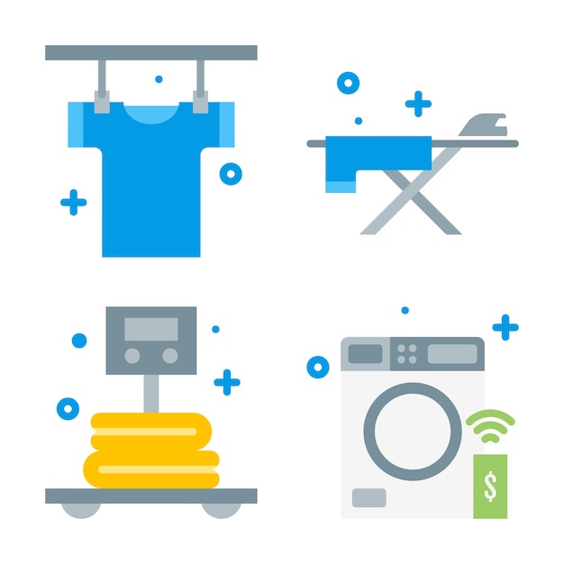 Iconos de lavado de colores vectoriales y símbolos de lavandería en estilo plano