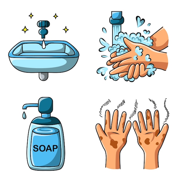 Vector los iconos de lavado de manos para la educación incluyen el fregadero de agua, la mano, etc.