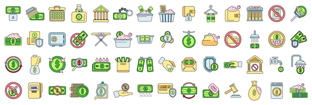 Los iconos de lavandería anti-dinero establecen una línea de color vectorial