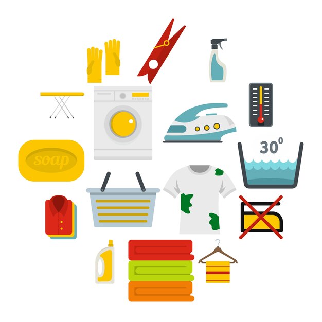 Iconos de lavandería en estilo plano