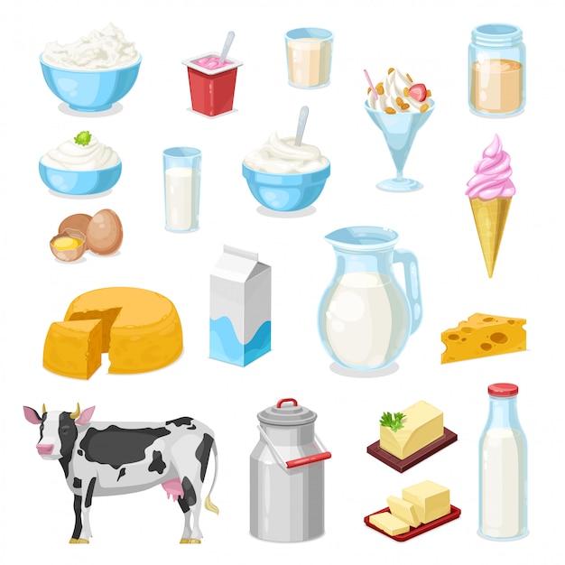 Vector iconos de leche, queso y mantequilla de granja de productos lácteos