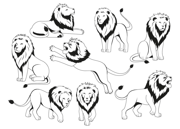 Iconos de león heráldico plano con depredador monocromático en diferentes poses ilustración vectorial aislada