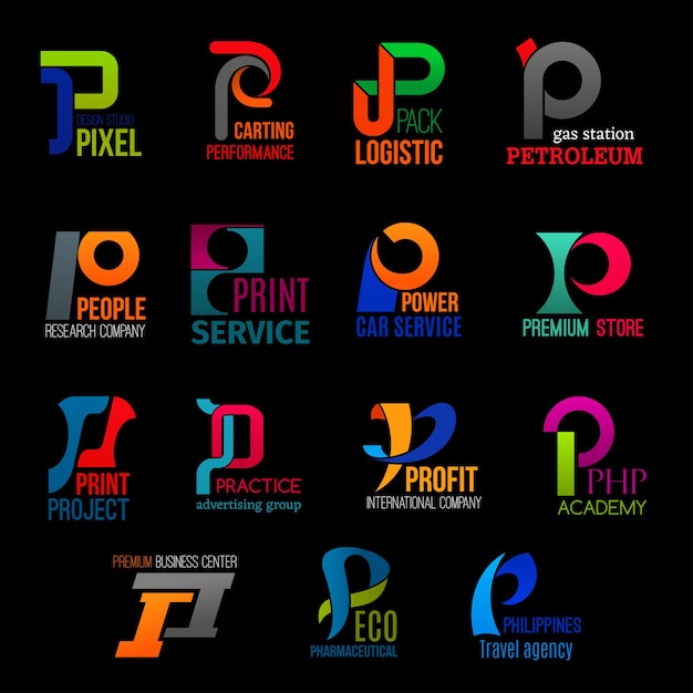 Iconos de letra p de identidad corporativa creativa