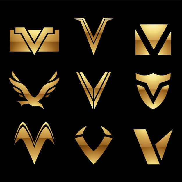 Vector iconos de letra v brillante dorado sobre un fondo negro