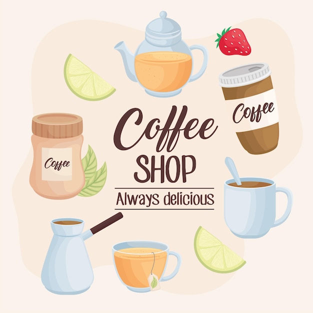 Iconos de letras de cafetería alrededor