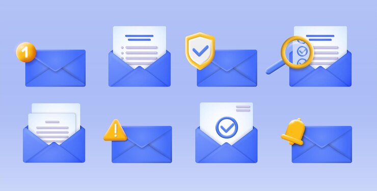 Vector los iconos de las letras d establecen la comunicación a distancia y los mensajes de interacción y las letras en sobres electrónicos