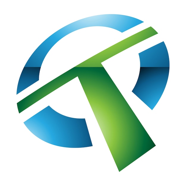 Iconos de letras T redondas brillantes verdes y azules