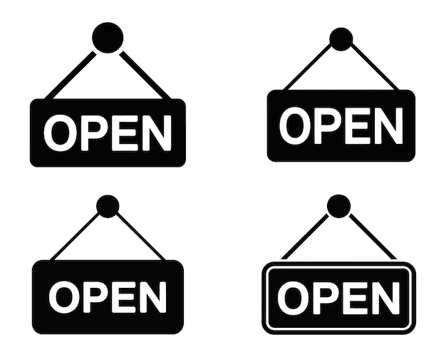 Iconos de letreros abiertos Conjunto de colgadores de puertas de negocios