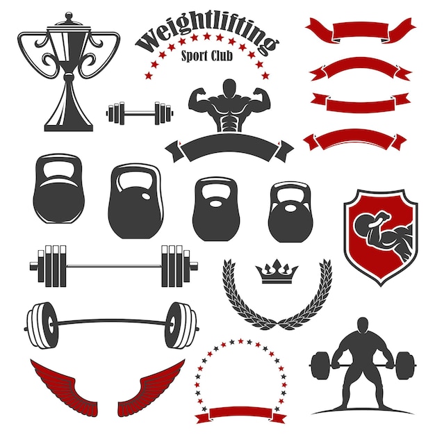 Iconos de levantamiento de pesas. Vector aislado torso de músculo de atleta levantador de pesas, barra de hierro con mancuerna de peso. Banderas de cinta, alas y premio ganador de la copa, corona de estrellas, símbolos de escudo de corona para gimnasio, fi