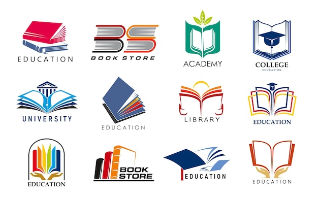 Iconos de libros de educación tienda de biblioteca o diccionario libros de academia y universidad símbolos vectoriales de colegios Icons de libros de Educación con gorra de graduación de estudiantes y libro de texto con páginas abiertas y marcador