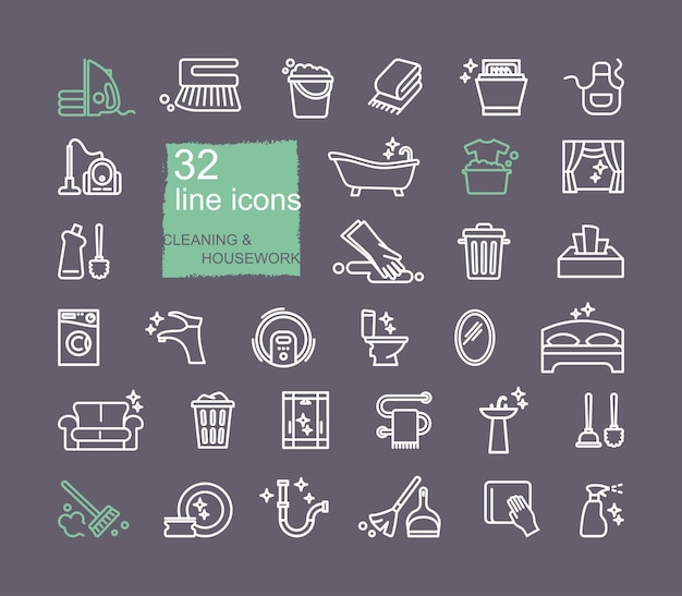 Iconos de limpieza y tareas domésticas diseño plano estilo de línea fina