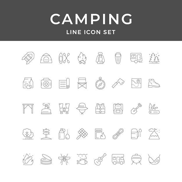 Iconos de la línea de acampada Configurado Aventura en el desierto Exploración de viajes