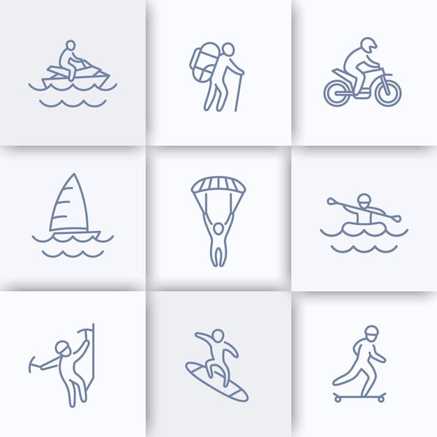 Vector iconos de línea de actividades al aire libre extremas, deportes extremos, pictogramas de recreación, iconos lineales, ilustración vectorial