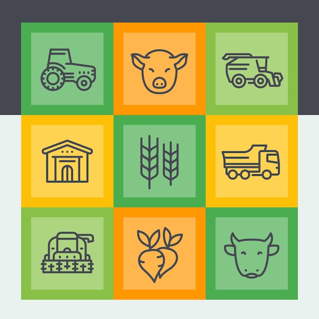 Vector los iconos de la línea agrícola y agrícola establecen la cosecha del tractor, la ganadería, la cría de ganado, la maquinaria agrícola, la cosechadora, el granero