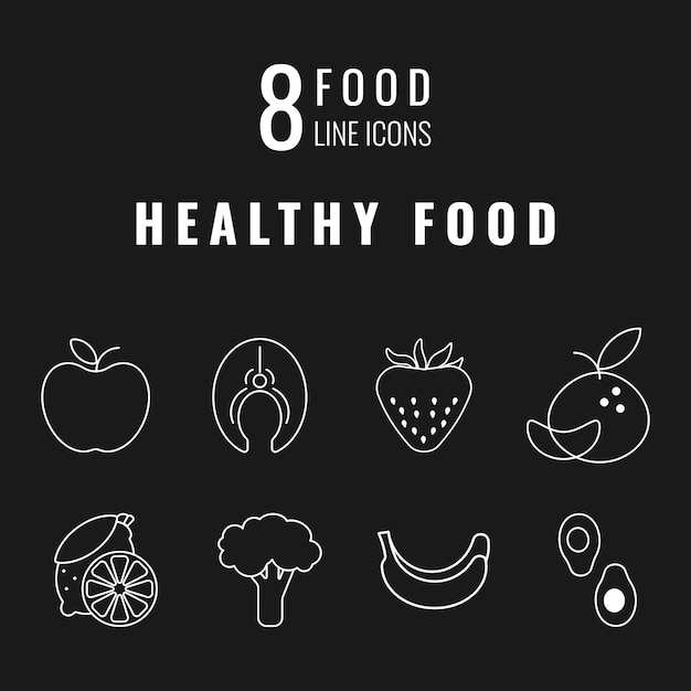 Vector iconos de línea de alimentos saludables blancos sobre fondo negro. elementos de esquema aislados para su diseño.