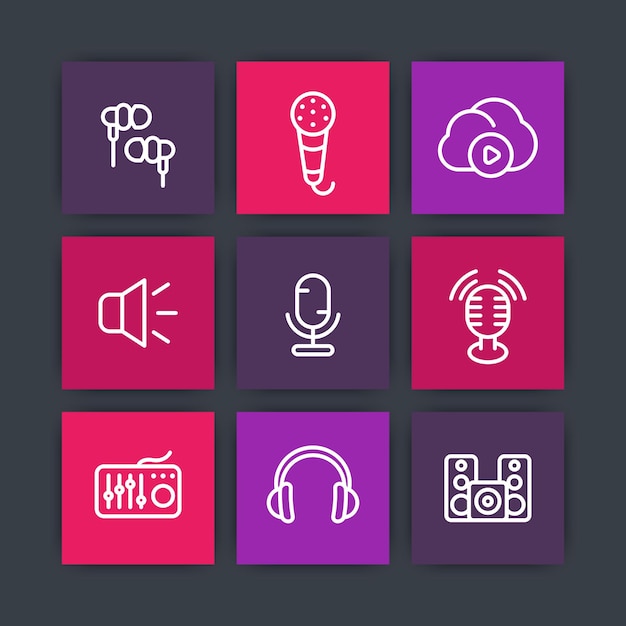 Iconos de línea de audio en cuadrados micrófonos auriculares auriculares altavoces música en la nube