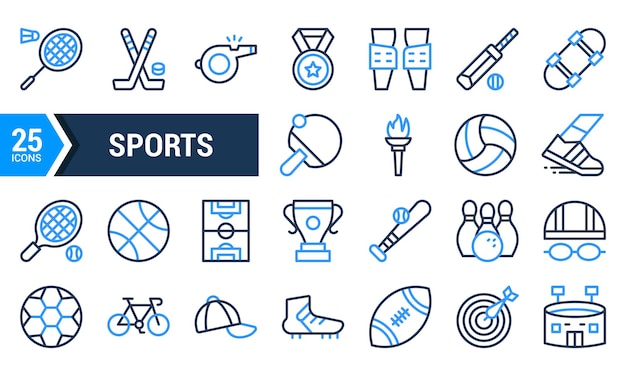 Iconos de línea azul de 25 equipos deportivos diferentes
