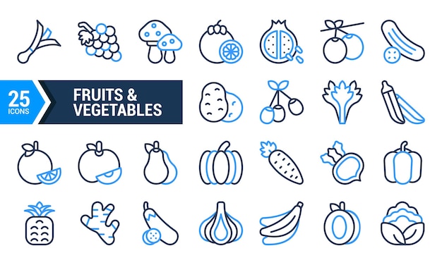 Iconos de línea azul de 25 frutas y verduras