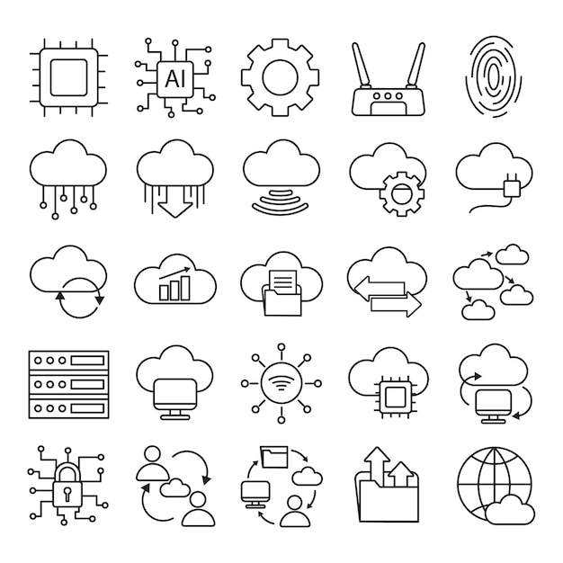Iconos de la línea de la base de datos del servicio digital de la nube de Internet